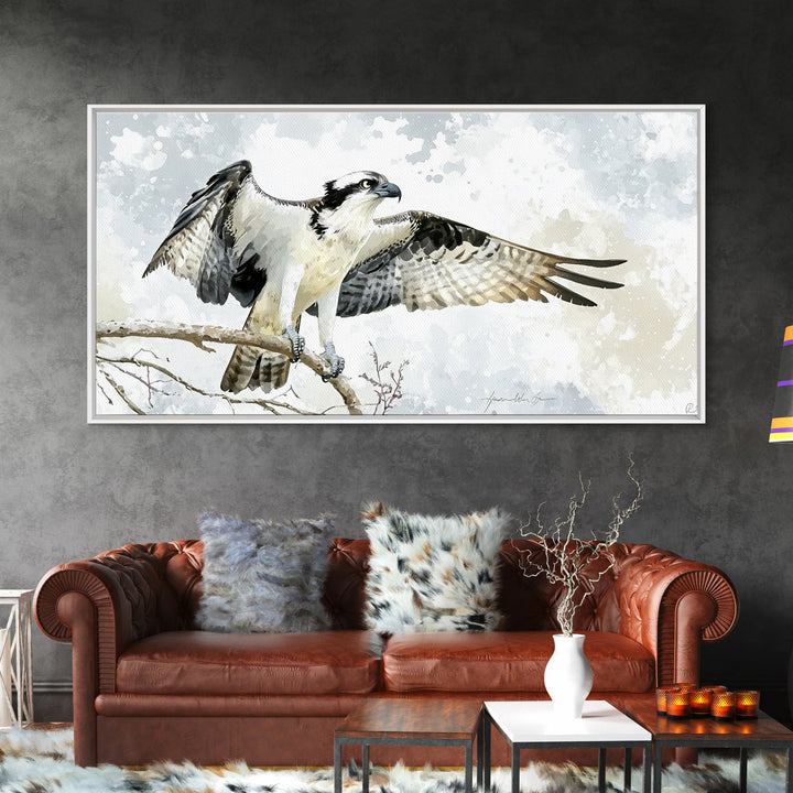 Landing Osprey On Winter Branch Canvas Print, Watercolor Hawk Wall Art, Rustic Nature Decor, Bird Lover Housewarming Gift