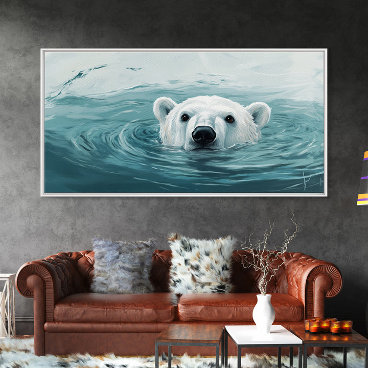 Swimming Polar Bear In Teal Water Wall Art, Arctic Wildlife Canvas Print, Ocean Animal Decor, Nursery Or Bathroom Art Print