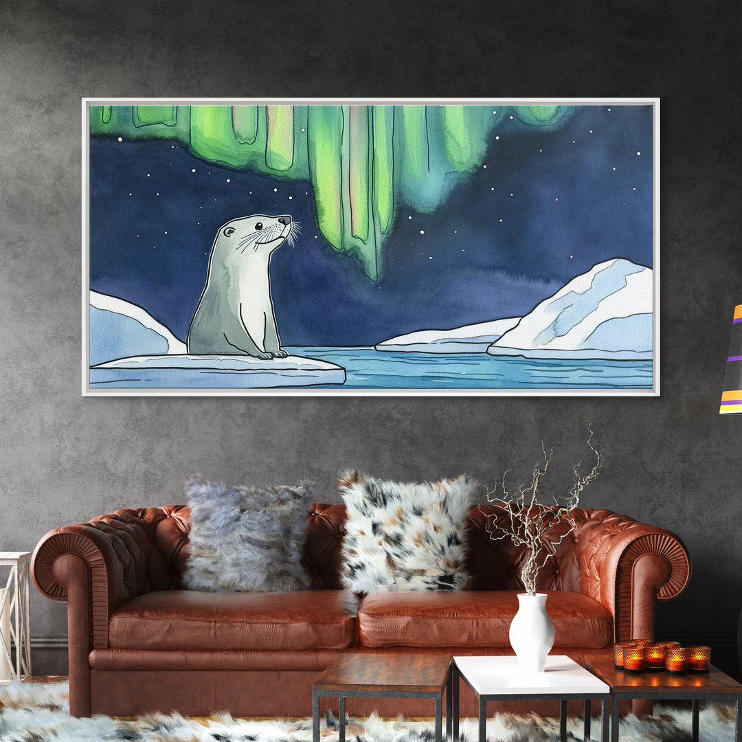 Arctic Seal Under Northern Lights Wall Art, Aurora Ocean Animal Print, Whimsical Nursery Decor, Coastal Canvas Print, Housewarming Gift