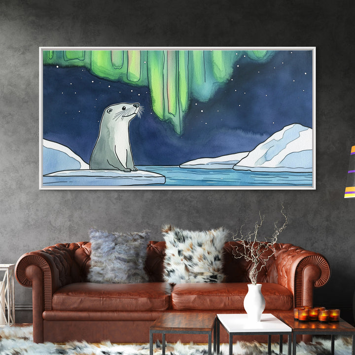Arctic Seal Under Northern Lights Wall Art, Aurora Ocean Animal Print, Whimsical Nursery Decor, Coastal Canvas Print, Housewarming Gift