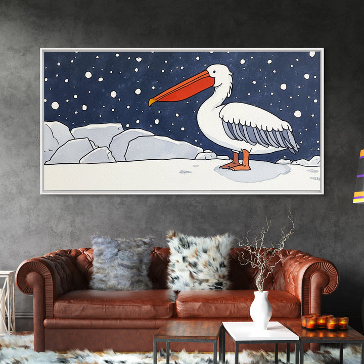 Snowy White Pelican On Ice Framed Canvas Print, Arctic Bird Wall Decor, Coastal Wall Art, Nursery Art, Gift For Her, Kids Room Decor