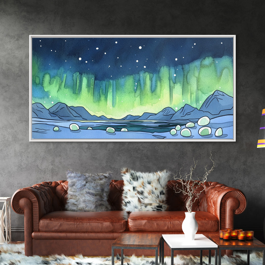 Northern Lights Over Arctic Mountains Wall Art, Aurora Landscape Print, Nature Wall Decor, Large Canvas Print, Office Decor