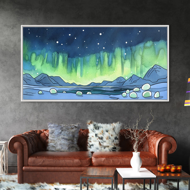 Northern Lights Over Arctic Mountains Wall Art, Aurora Landscape Print, Nature Wall Decor, Large Canvas Print, Office Decor