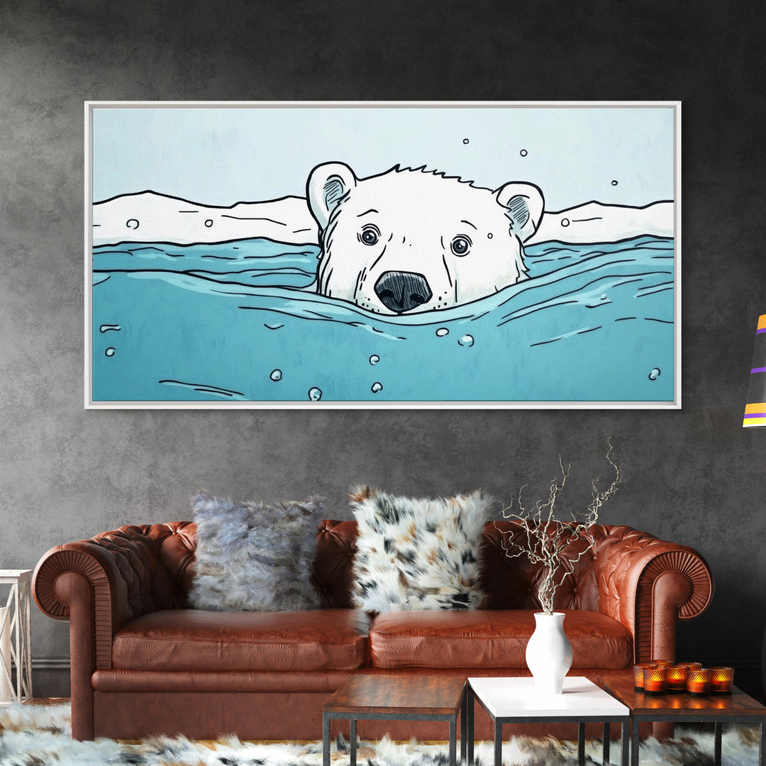 Polar Bear Swimming In Icy Water Wall Art, Arctic Animal Print, Nursery Wall Art, Kids Room Decor, Coastal Canvas Print Gift