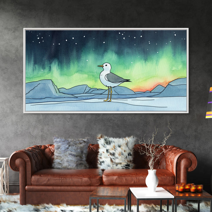 Arctic Seagull Under Aurora Sky Wall Art, Northern Lights Print, Coastal Bird Decor, Nature Wall Art, Framed Canvas Print