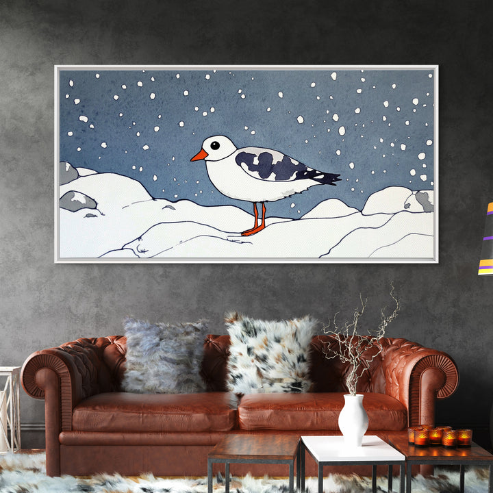 Snowy Arctic Shorebird In Winter Canvas Print, Bird Wall Art, Nursery Decor, Animal Wall Art, Minimalist Coastal Decor Gift
