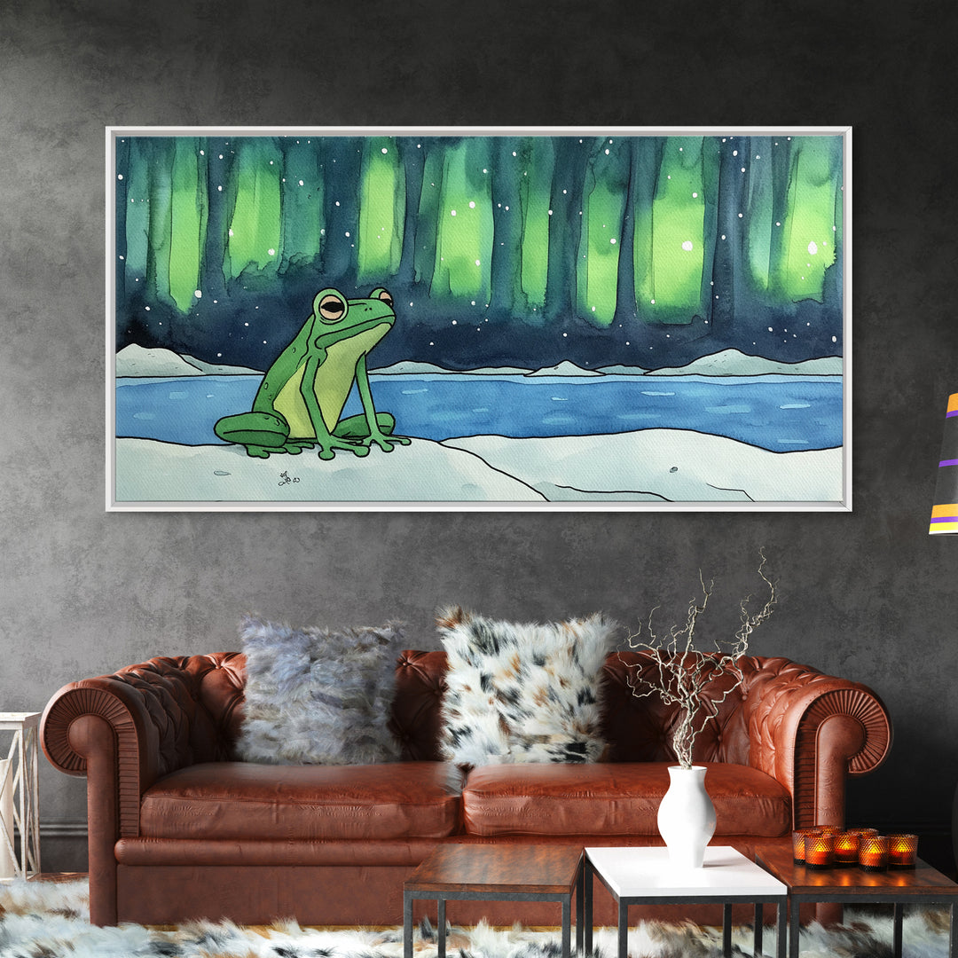 Green Frog Under Northern Lights Wall Art, Whimsical Animal Art Print, Aurora Borealis Nursery Decor, Kids Room Housewarming Gift