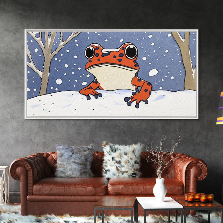 Orange Spotted Frog In Snowy Forest Wall Art, Whimsical Animal Print, Winter Nursery Decor, Cute Kids Room Canvas Art Housewarming Gift