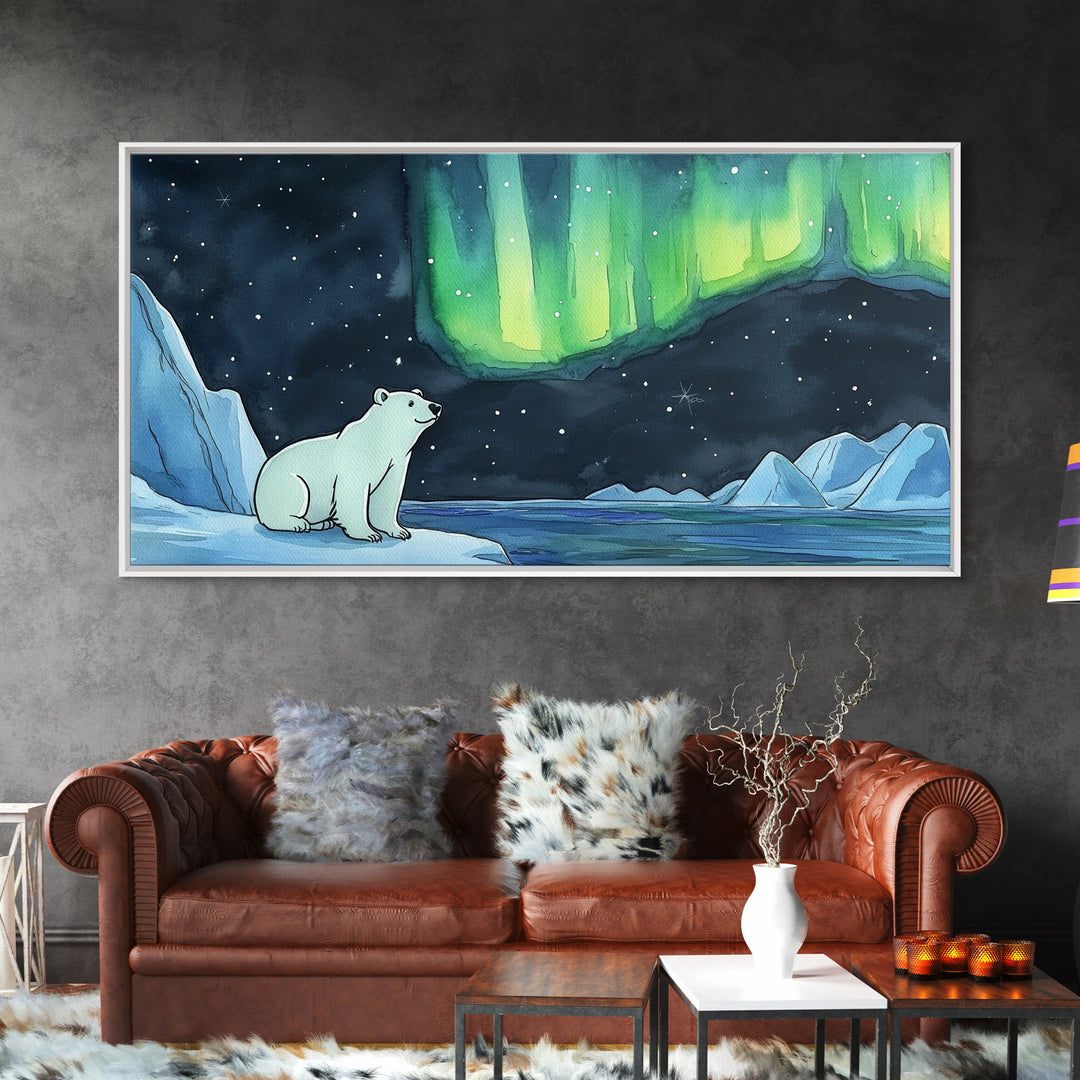 Polar Bear Beneath Northern Lights Wall Art, Arctic Landscape Canvas Print, Wildlife Nursery Decor, Cozy Winter Housewarming Gift