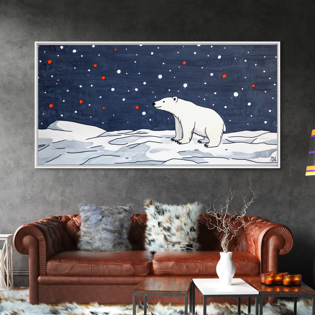 Minimal Polar Bear Snow Scene Wall Art, Arctic Wildlife Illustration, Kids Room Decor, Modern Nursery Canvas Print Gift Idea