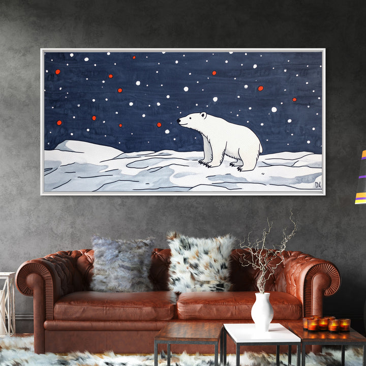 Minimal Polar Bear Snow Scene Wall Art, Arctic Wildlife Illustration, Kids Room Decor, Modern Nursery Canvas Print Gift Idea