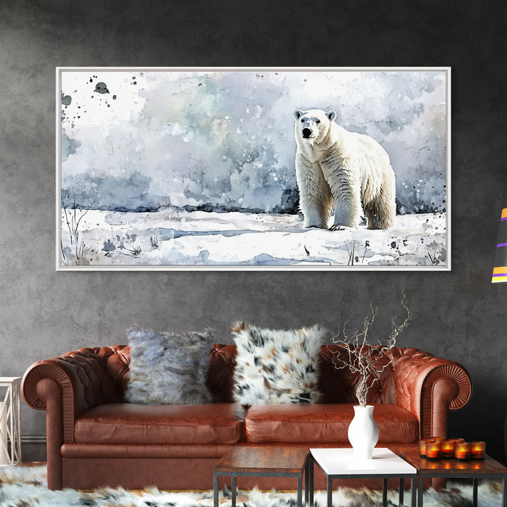 Standing Polar Bear In Snowy Tundra Wall Art, Watercolor Wildlife Print, Arctic Animal Decor, Large Canvas Housewarming Gift