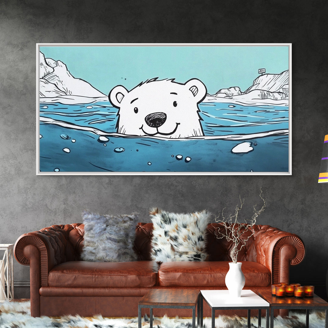 Smiling Polar Bear Swimming In Icy Sea Wall Art, Playful Arctic Animal Print, Ocean Nursery Decor, Kids Room Canvas Gift