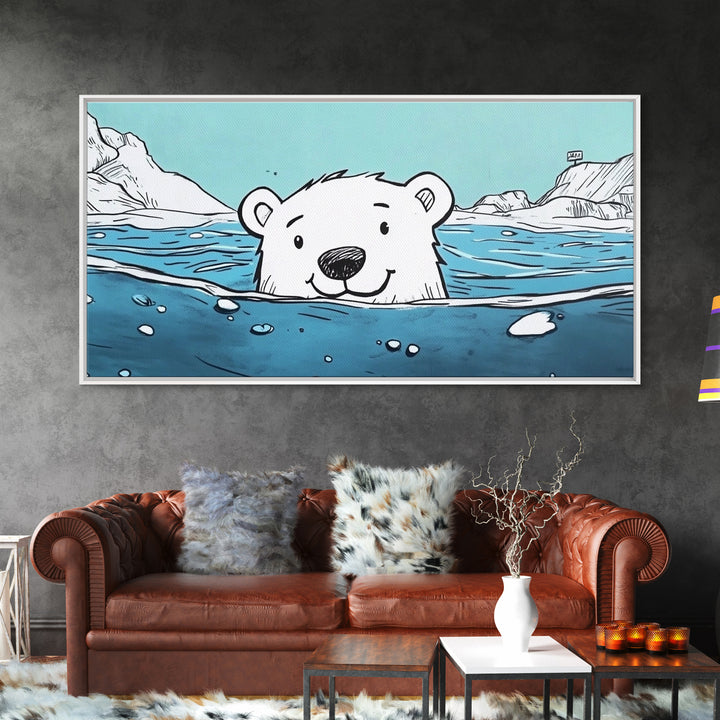 Smiling Polar Bear Swimming In Icy Sea Wall Art, Playful Arctic Animal Print, Ocean Nursery Decor, Kids Room Canvas Gift