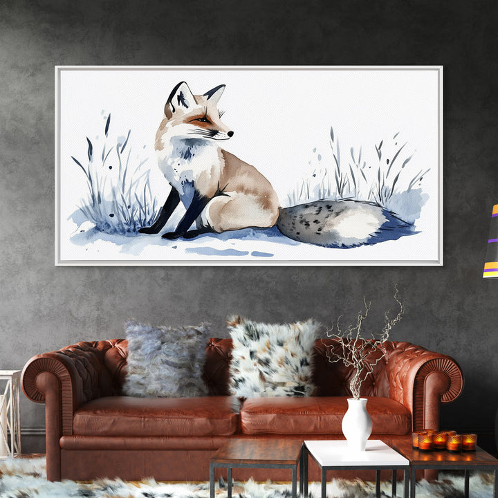Sitting Fox In Frosted Grass Wall Art, Minimal Watercolor Wildlife Canvas Print, Neutral Nursery Decor, Animal Lover Gift