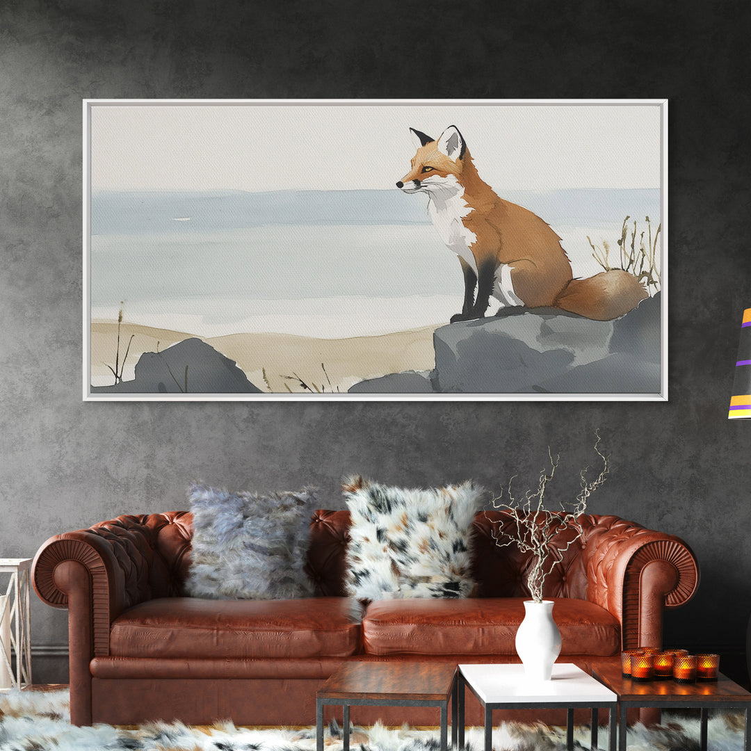 Coastal Fox On Ocean Rocks Wall Art, Minimal Watercolor Wildlife Canvas Print, Beach House Decor, Neutral Living Room Art