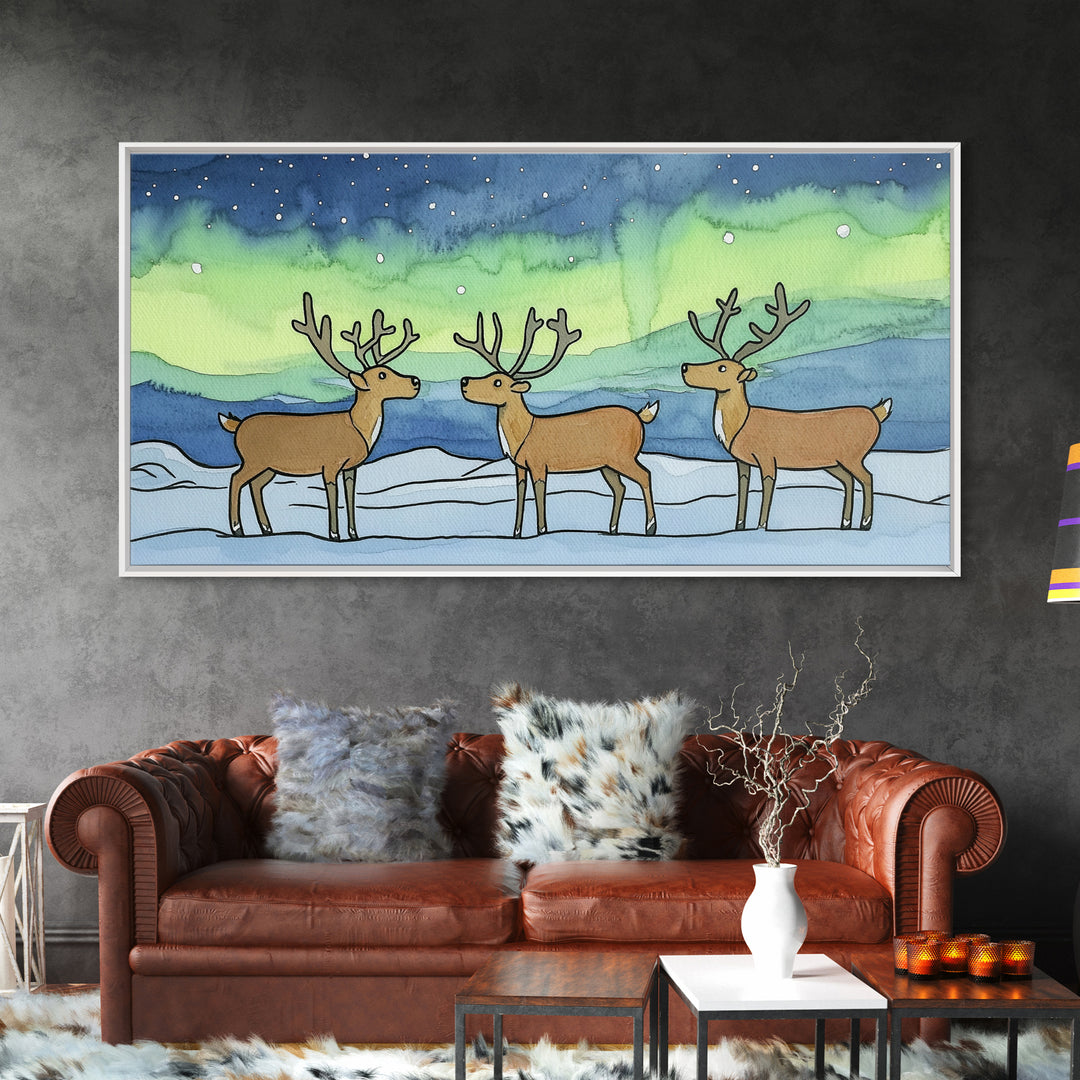 Three Reindeer Under Northern Lights Wall Art, Aurora Winter Landscape Print, Rustic Wildlife Decor, Cabin Christmas Gift