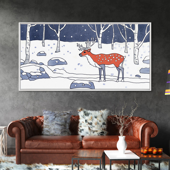 Red Deer In Snowy Birch Forest Canvas Print, Winter Wildlife Wall Art, Woodland Nursery Decor, Rustic Cabin Home Decor Gift