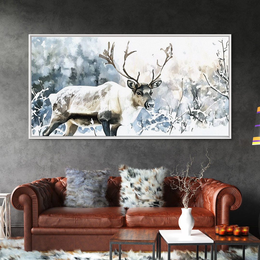 Majestic Caribou In Frosted Woods Framed Canvas Print, Winter Wildlife Wall Art, Rustic Cabin Decor, Nature Lover Art Gift