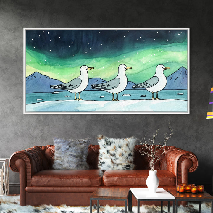 Three Seagulls Under Aurora Sky Wall Art, Winter Coastal Bird Canvas Print, Nautical Ocean Decor, Beach House Christmas Gift