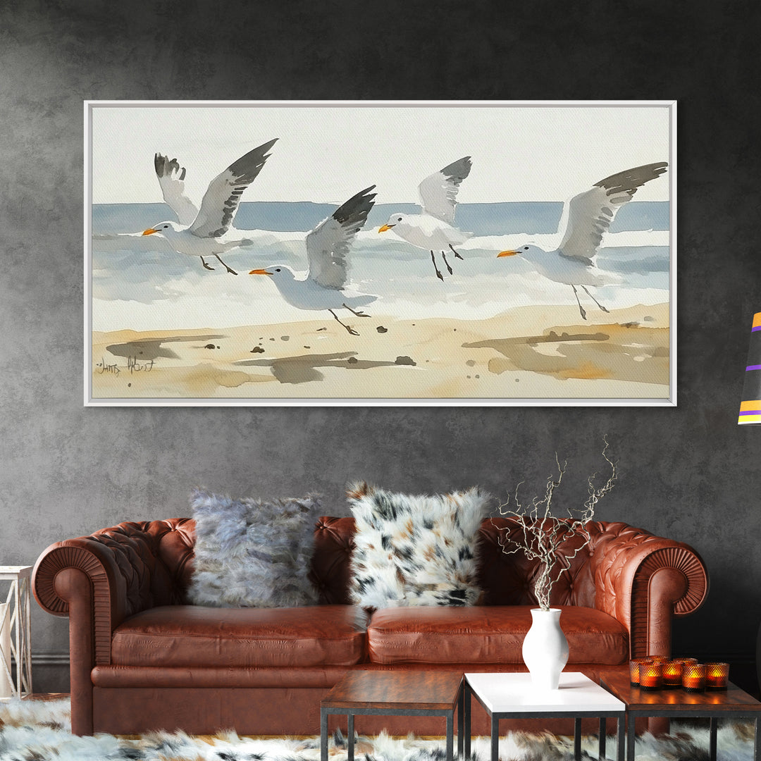 Flying Seagulls Over Sandy Watercolor Beach Wall Art, Coastal Ocean Canvas Print, Nautical Seascape Decor, Beach House Gift