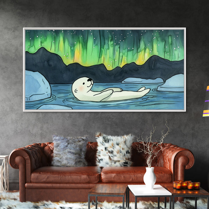 Polar Bear Floating Beneath Aurora Canvas Print, Arctic Wildlife Wall Art, Northern Lights Decor, Kids Room Animal Gift Print