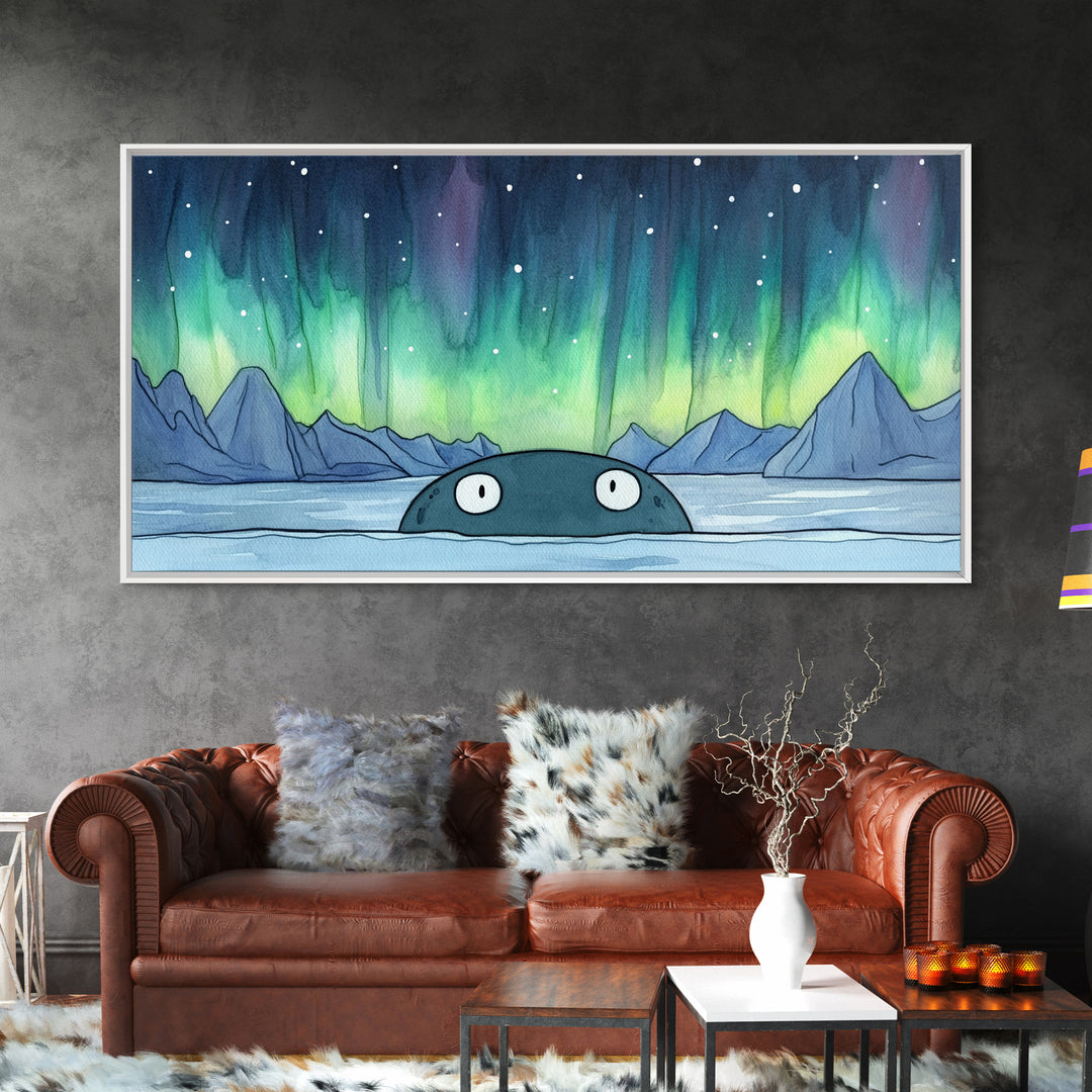 Whimsical Whale Peeking At Aurora Canvas Print, Northern Lights Wall Art, Arctic Ocean Decor, Kids Room Animal Gift For Nursery