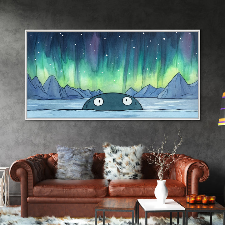 Whimsical Whale Peeking At Aurora Canvas Print, Northern Lights Wall Art, Arctic Ocean Decor, Kids Room Animal Gift For Nursery