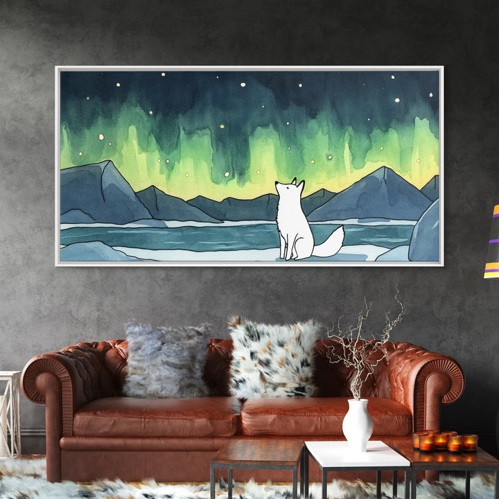 White Arctic Fox Watching Aurora Canvas Print, Northern Lights Wall Art, Winter Landscape Decor, Nature Lover Gift For Her