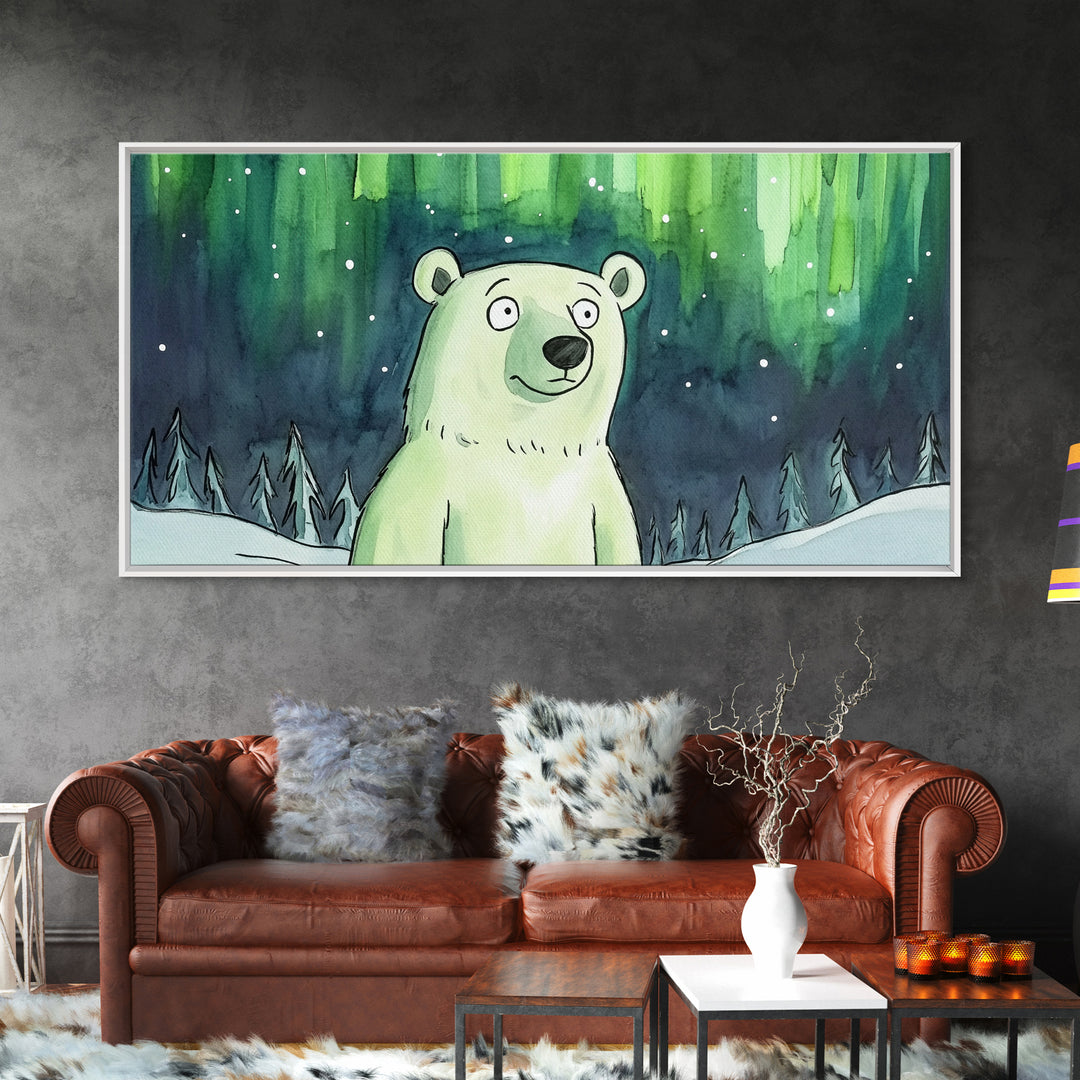 Polar Bear Under Northern Lights Canvas Print, Whimsical Winter Wall Art, Kids Room Decor, Nursery Animal Art Gift For Baby Bedroom