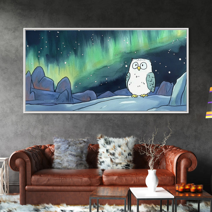 Snowy Owl Beneath Aurora Mountains Canvas Print, Northern Lights Wall Art, Whimsical Animal Art, Kids Room Decor Gift For Her