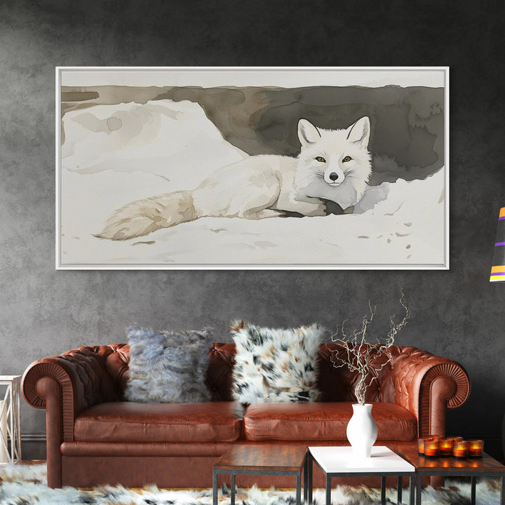 White Arctic Fox In Snow Canvas Print, Neutral Winter Wildlife Wall Art, Nursery Animal Art, Scandinavian Bedroom Decor Gift