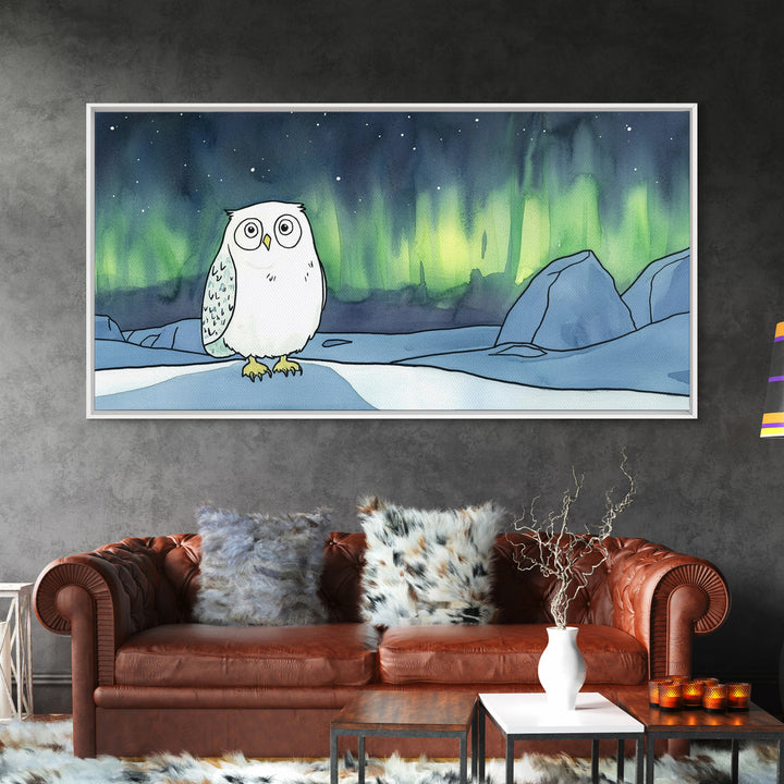 Wide Eyed Snowy Owl Aurora Canvas Print, Northern Lights Wall Art, Whimsical Animal Art, Kids Room Decor Gift For Baby Bedroom