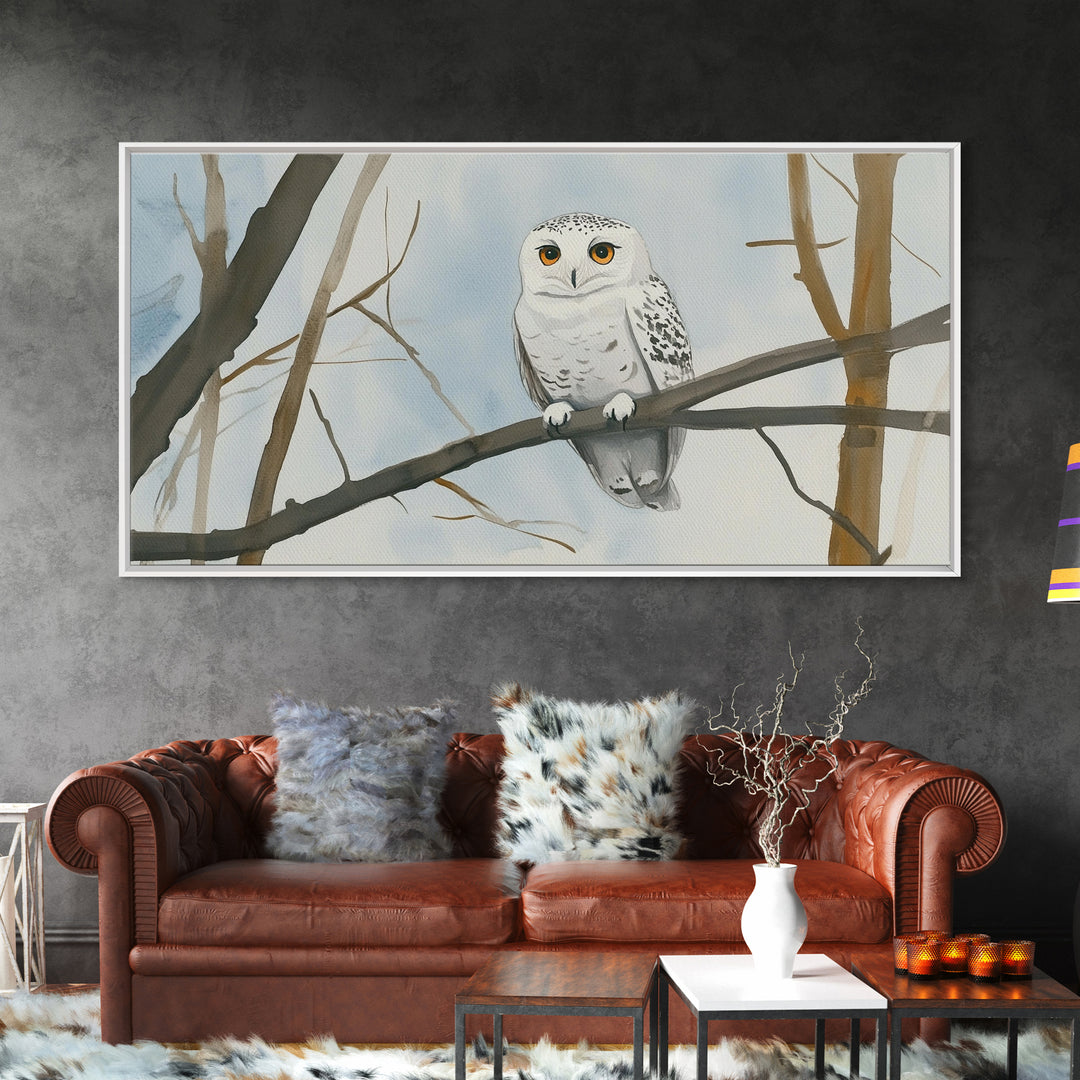 Snowy Owl On Winter Branch Canvas Print, Woodland Wildlife Wall Art, Neutral Nursery Animal Art, Scandinavian Office Decor
