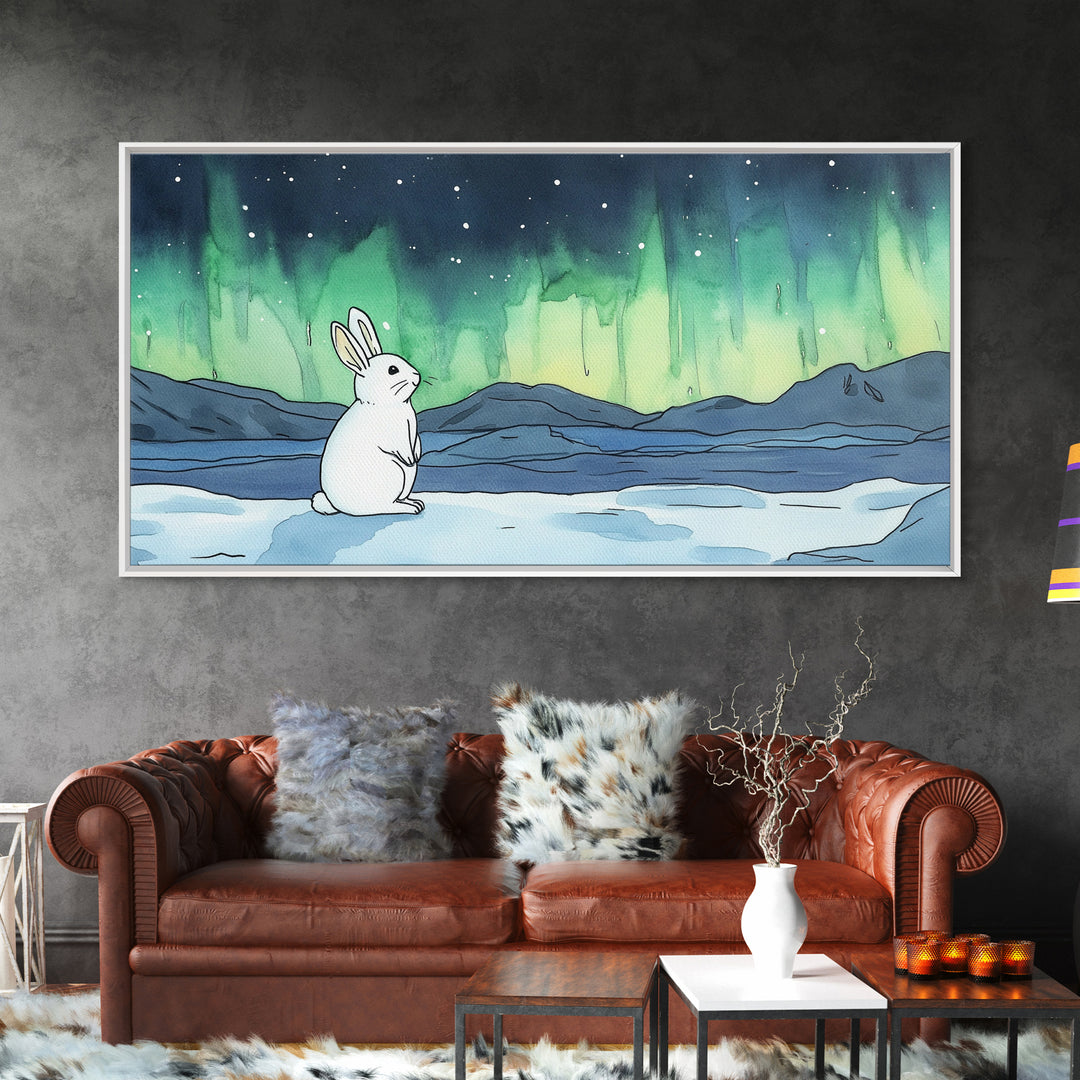 White Rabbit Watching Aurora Canvas Print, Northern Lights Wall Art, Whimsical Animal Art, Nursery Decor Gift For Kids Room