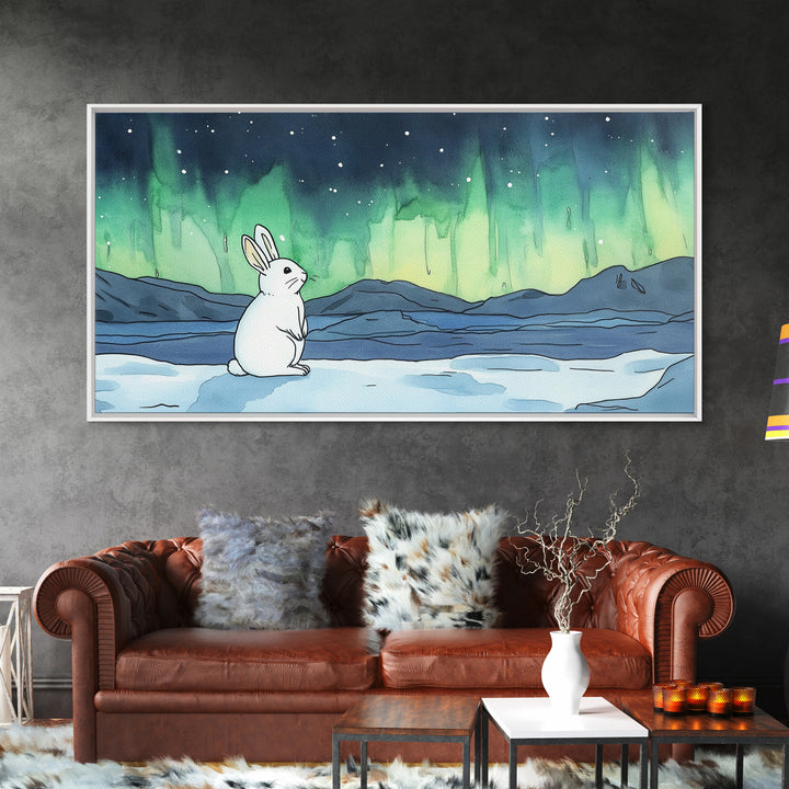 White Rabbit Watching Aurora Canvas Print, Northern Lights Wall Art, Whimsical Animal Art, Nursery Decor Gift For Kids Room