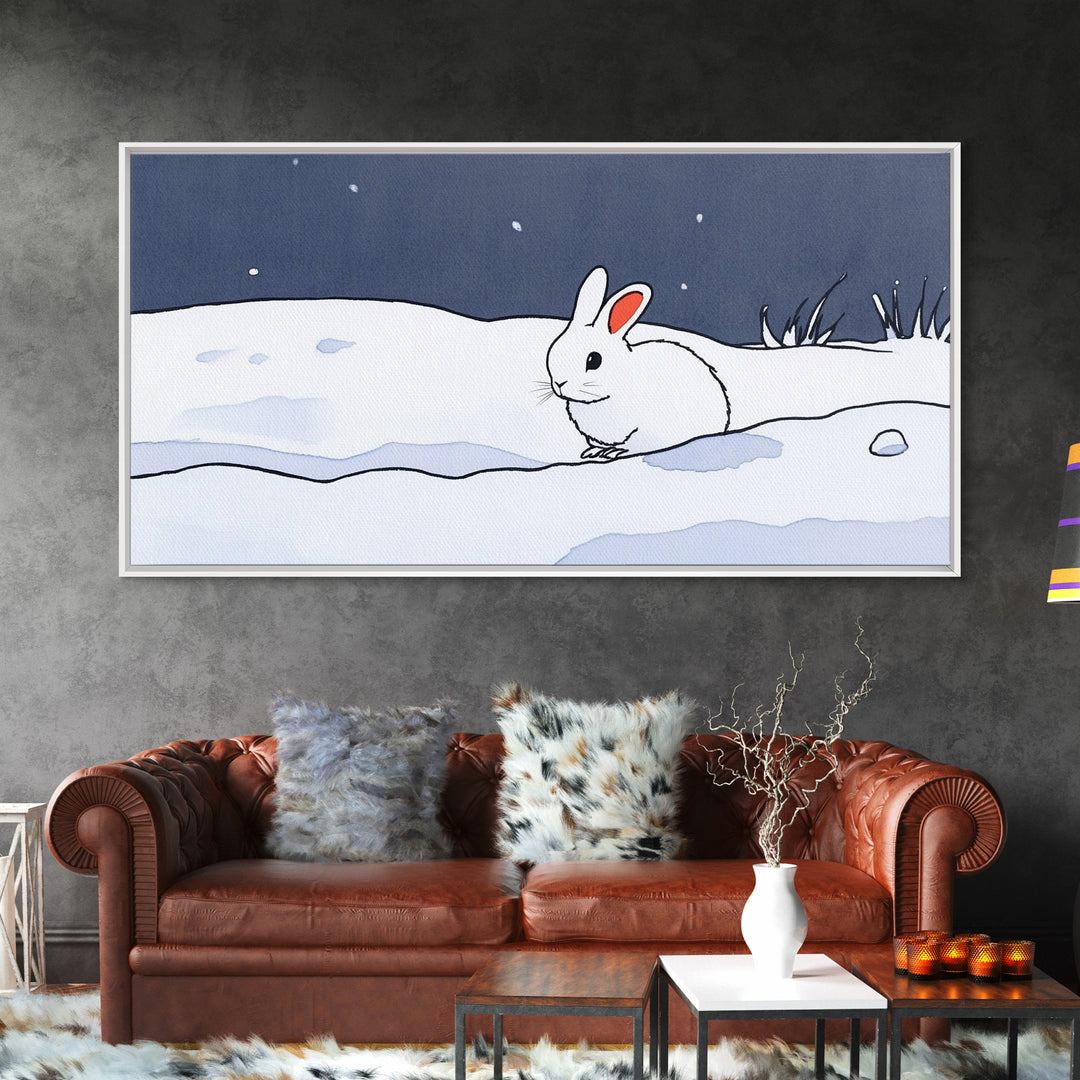 Little White Rabbit In Snow Canvas Print, Minimal Winter Wall Art, Nursery Animal Art, Scandinavian Kids Room Decor Gift