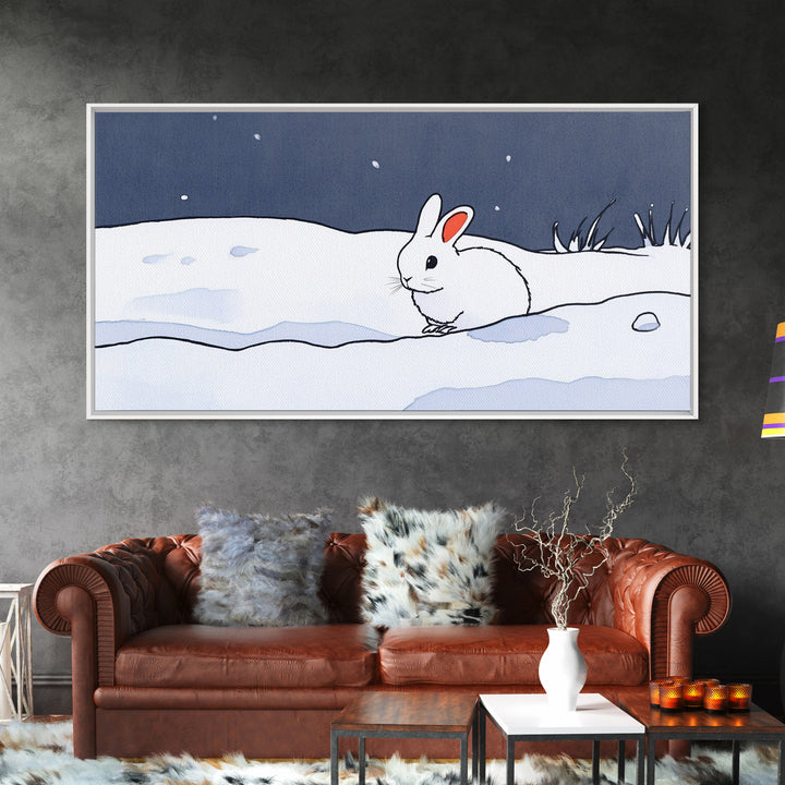 Little White Rabbit In Snow Canvas Print, Minimal Winter Wall Art, Nursery Animal Art, Scandinavian Kids Room Decor Gift