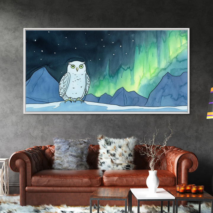 Snowy Owl Northern Lights Canvas Print, Aurora Mountain Wall Art, Whimsical Wildlife Art, Nursery Kids Room Decor Gift For Her
