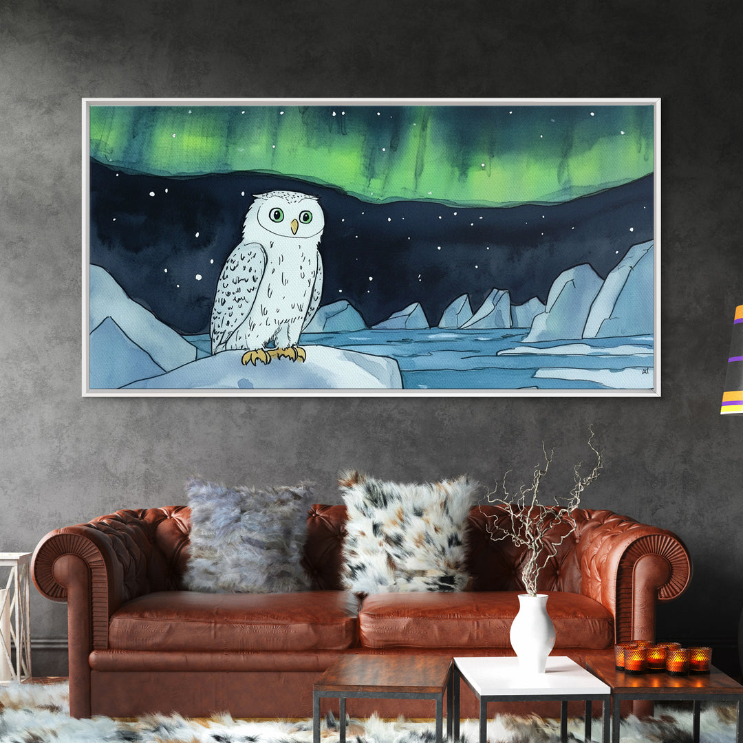 Snowy Owl Under Northern Lights Framed Canvas Print, Aurora Borealis Wall Decor, Arctic Wildlife Nursery Or Cabin Art Gift