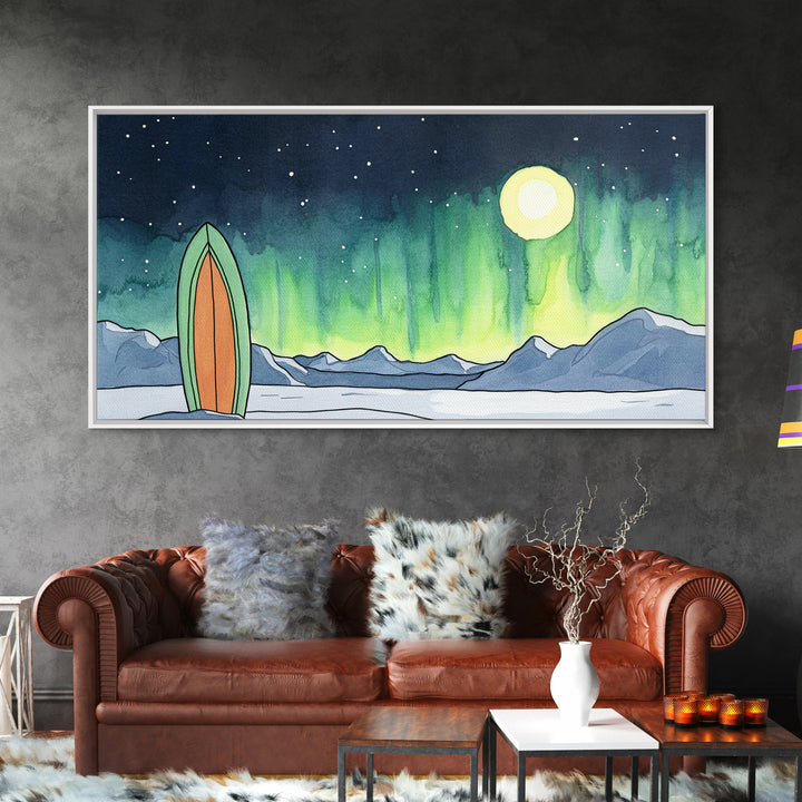 Surfboard Under Northern Lights Framed Canvas Print, Aurora Mountain Wall Art, Coastal Adventure Decor For Bedroom Or Beach House Decor