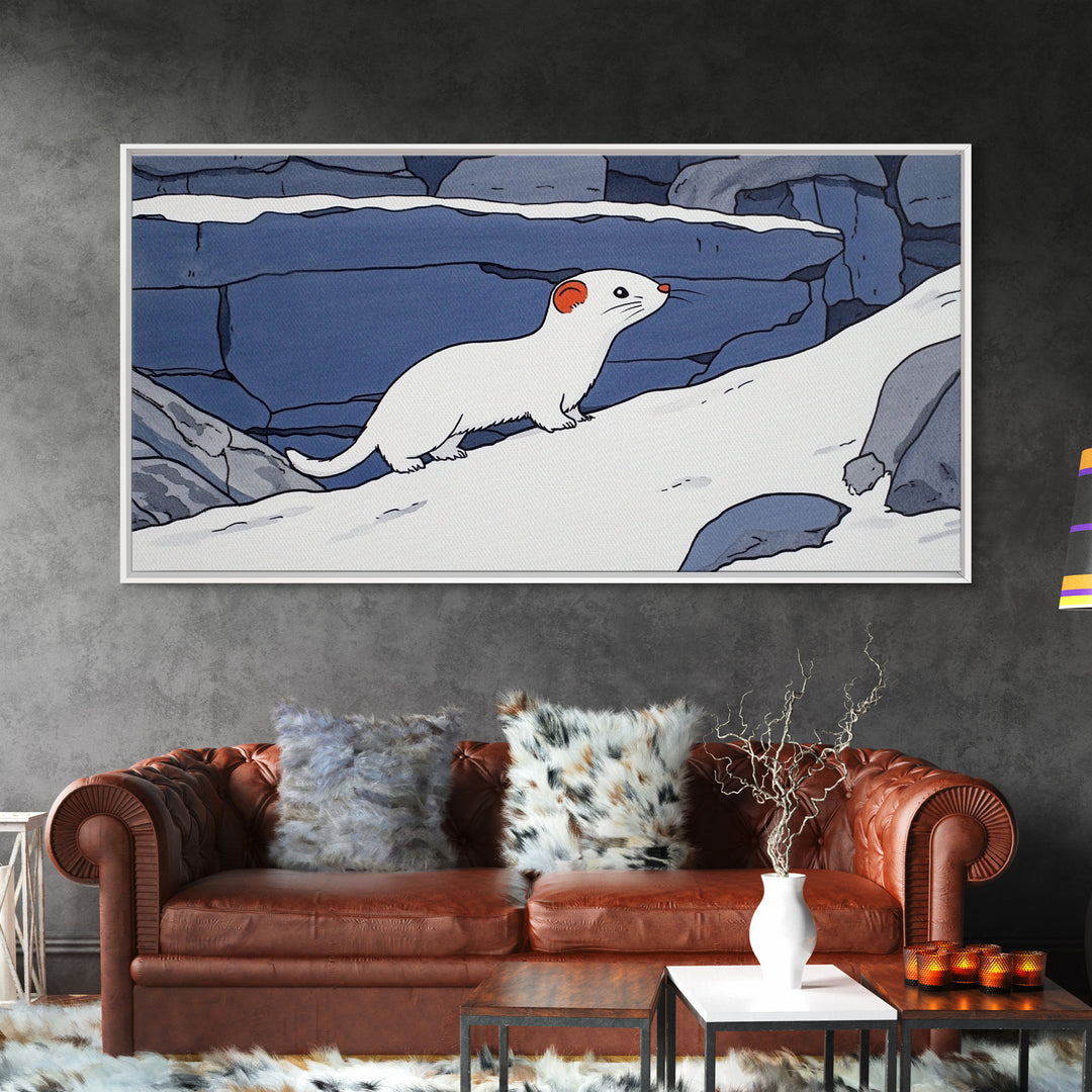 White Weasel On Snowy Rocks Canvas Print, Arctic Animal Wall Decor, Winter Wildlife Art Print, Rustic Nursery Home Decor