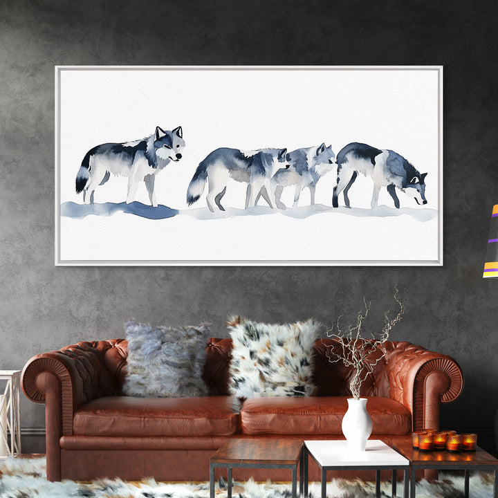 Walking Wolf Pack In Snow Framed Canvas Print, Watercolor Wildlife Wall Art, Rustic Cabin Decor, Winter Animal Art Print