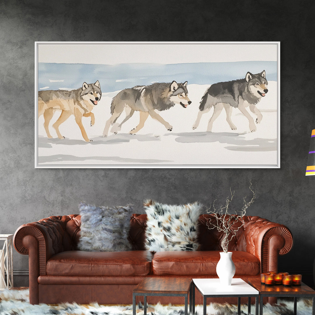 Three Running Wolves In Snow, Framed Canvas Print, Wildlife Wall Art, Rustic Cabin Decor, Winter Landscape, Gift For Him