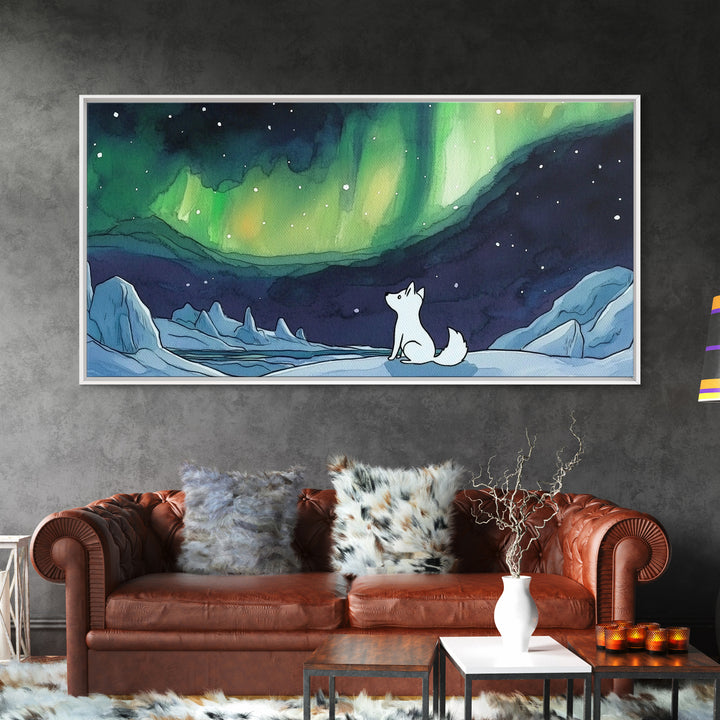 White Arctic Fox Under Northern Lights, Wall Art, Celestial Winter Landscape, Whimsical Nursery Decor, Aurora Canvas Print