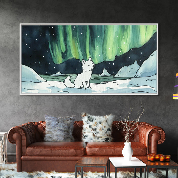 Sitting White Fox With Aurora Sky, Framed Canvas Print, Celestial Wall Art, Winter Nursery Decor, Whimsical Gift For Her