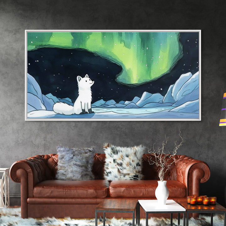 Arctic Fox Watching Green Aurora, Canvas Print, Celestial Wall Art, Icy Winter Landscape, Calming Bedroom Decor Gift For Her