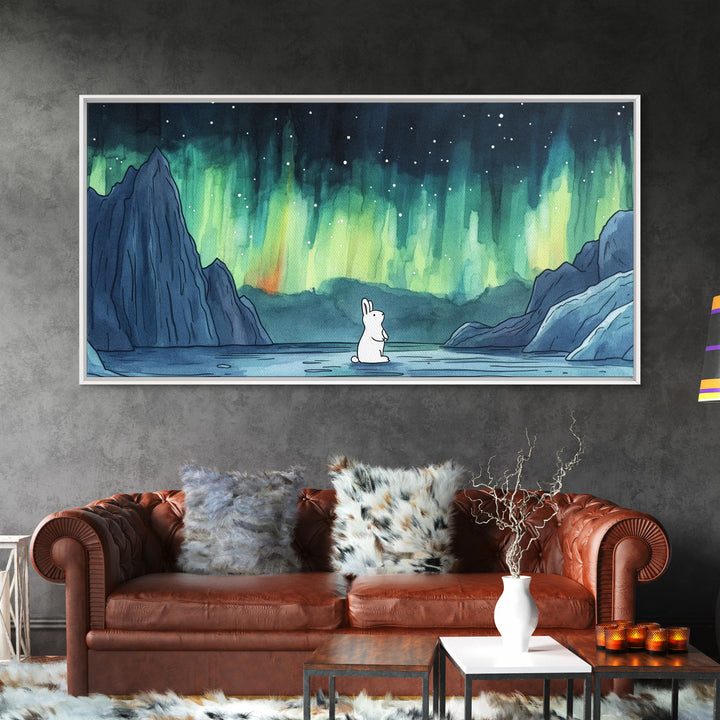 White Arctic Hare Under Aurora, Panoramic Wall Art, Celestial Winter Landscape, Whimsical Nursery Decor, Nature Canvas Print