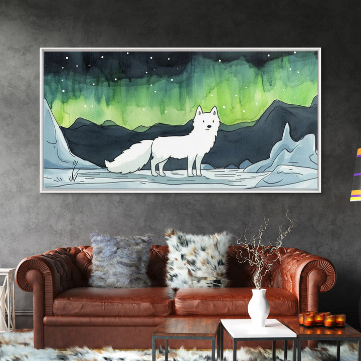 Standing White Arctic Fox With Northern Lights, Wall Art, Celestial Winter Landscape, Wildlife Canvas Print, Cozy Home Decor