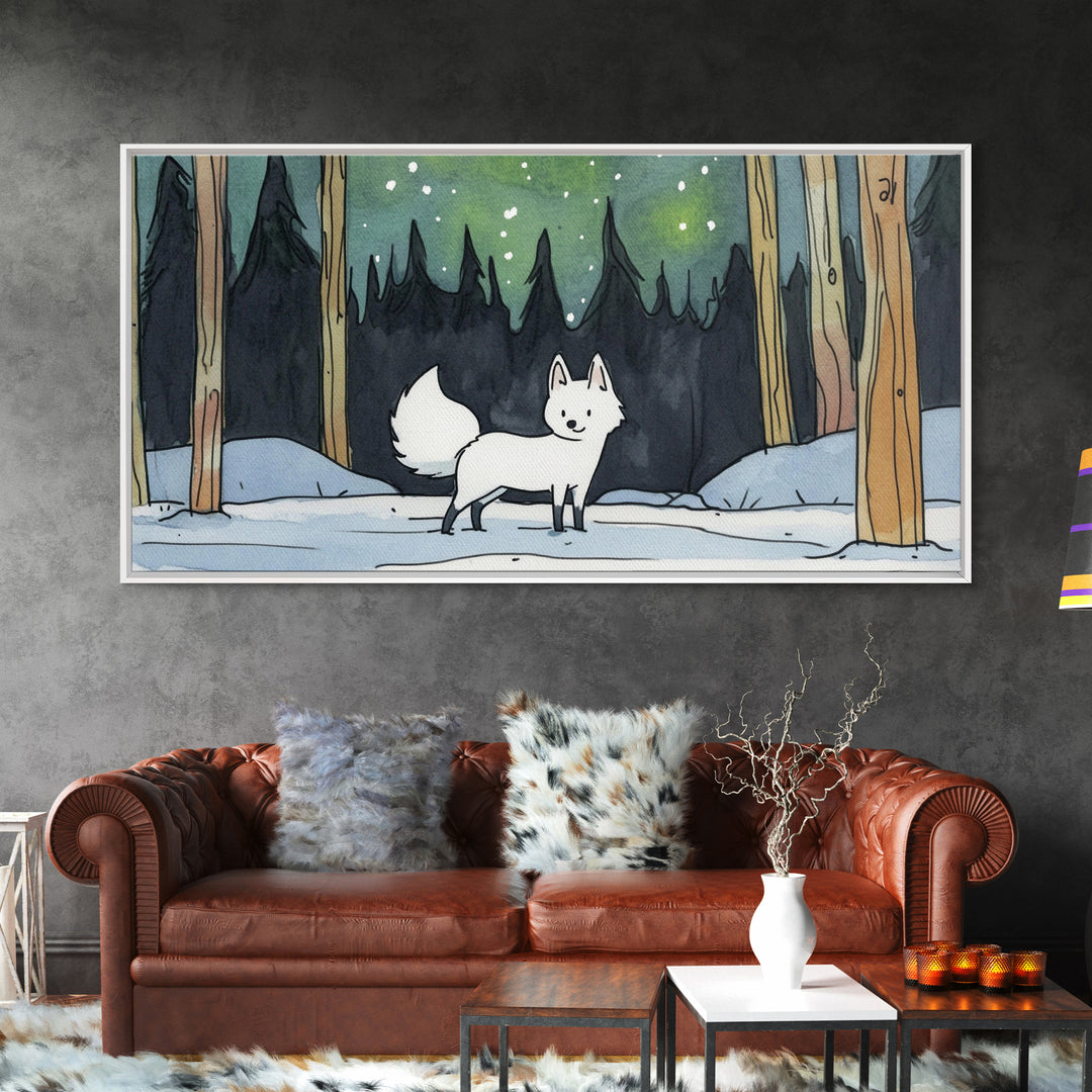 White Fox In Snowy Pine Forest, Framed Canvas Print, Nordic Winter Wall Art, Woodland Nursery Decor, Whimsical Gift For Her